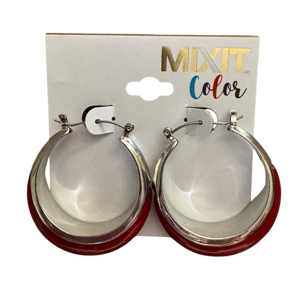 Mixit Red Hoop Silver Tone Earrings Retro Y2K 80s 90s Minimalist Chic Party NWT